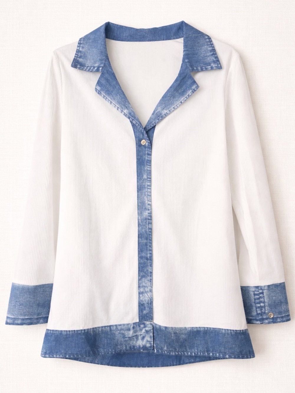 White Button-Front Top with Blue Denim Trim